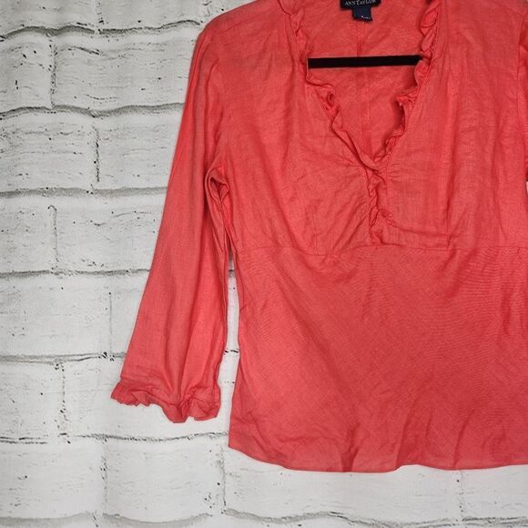 Ann Taylor Womens Coral Size 4 Linen Long Sleeve Blouse - Picture 2 of 11